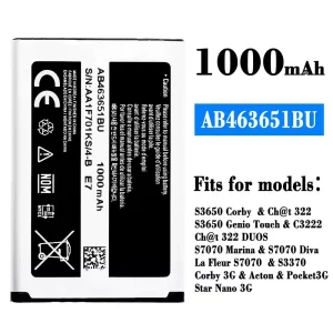 Replacement battery AB463651BU for Samsung S3650 Corby