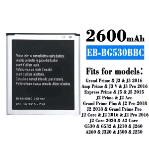 Replacement battery EB-BG530BBC for Samsung J3/J3 2016/J3 V/J3 Pro 2016/J5/J5 2015/J2 Ace/J2 Pro 2018/J2 2018/J2 Core/J2 2016/J2 Pro 2016/J2 Core 2020/A2 Core