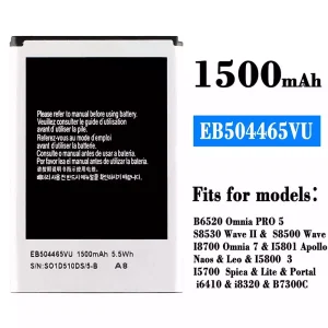 Replacement battery EB504465VU for Samsung B6520 Omnia PRO 5/S8530 Wave /S8500 Wave 2