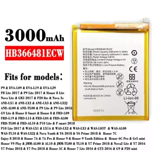 Replacement battery HB366481ECW for HUAWEI P9 / P8 Lite 2017 / P9 Lite 2017 / Honor 8 Lite / Honor 7C /Enjoy 8 2018 / Honor 7A / 7A Pro / Honor 9 / Honor 6C Pro / Honor 5C / Honor 7 Lite 2016 / GT3 2016 / G9 / P20 mini