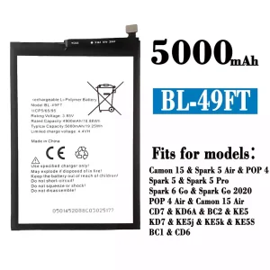Replacement battery BL-49FT for Tecno Camon 15 /Camon 15 Air/ Spark 5 Air /Spark 5 / Spark 5 Pro / Spark 6 Go / Spark Go 2020 / POP 4/POP 4 Air