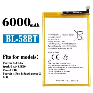 Replacement battery BL-58BT for Tecno Pouvoir 4 / Pouvoir 4 Pro/ Spark 6 Air / Spark power 2